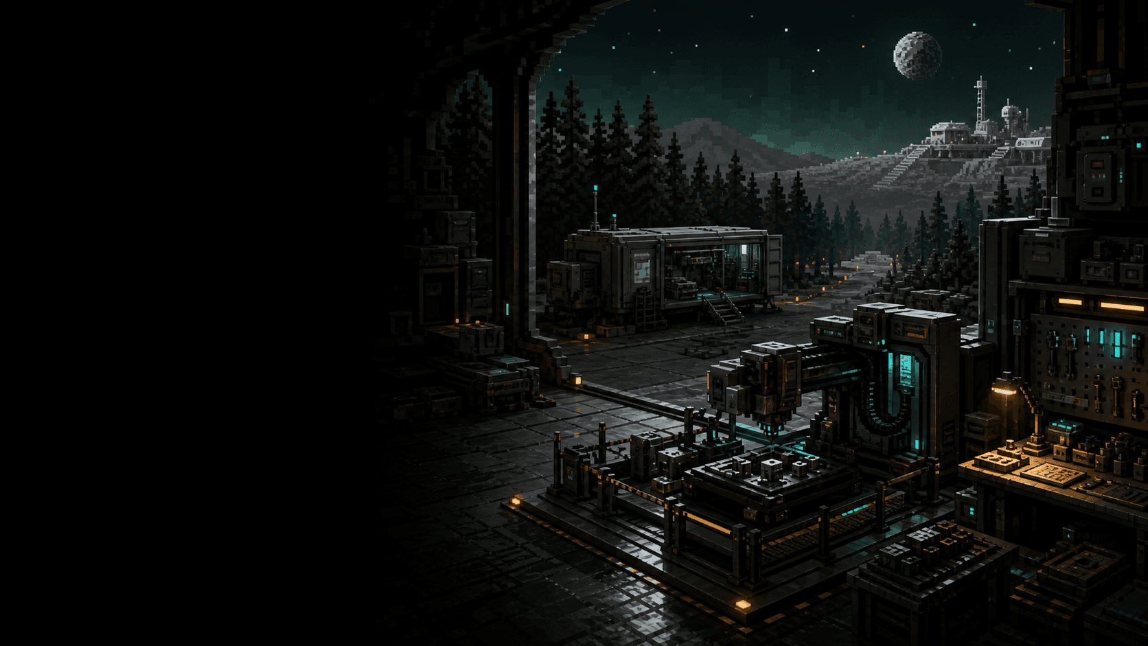 Voxel-pixel scene showing an Earth workshop, a deployable field module, and a distant lunar research horizon