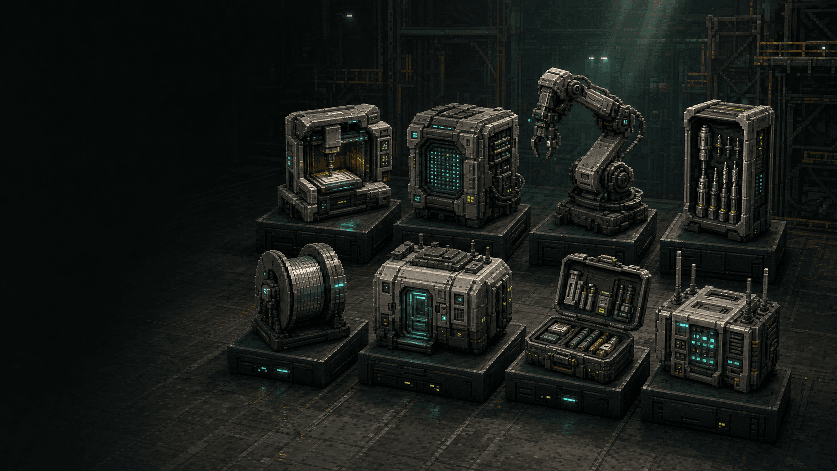 Voxel-pixel concept visualization of eight distinct Cosmic Construct development articles displayed on industrial plinths