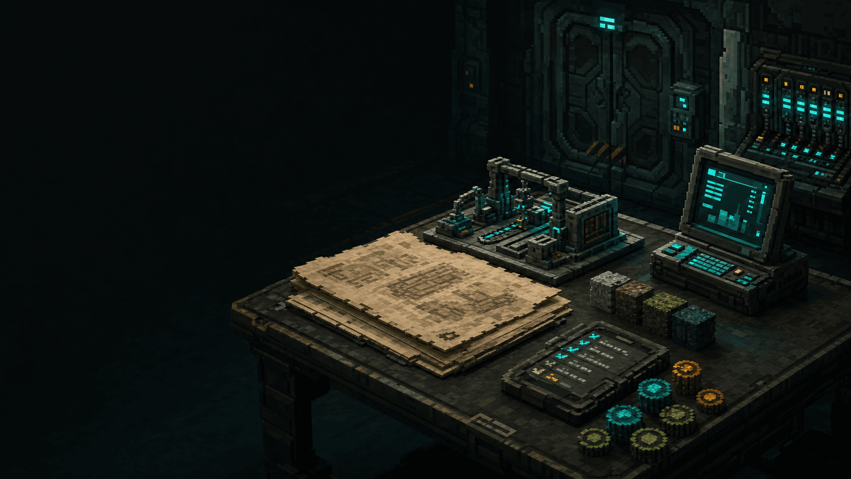 Voxel-pixel concept visualization of a mission intake table with a dossier, modular cell model, environment samples, proof checklist, and rugged terminal