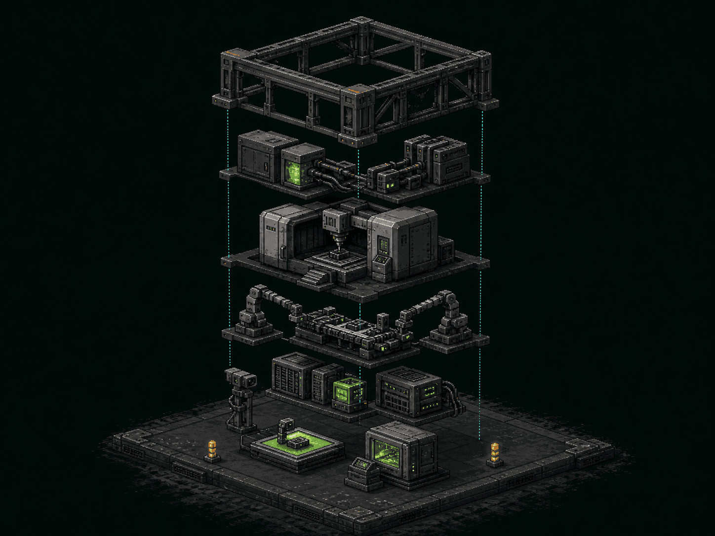 Exploded voxel-pixel concept of a modular manufacturing cell with structure, power, machine, robotics, compute, and proof layers