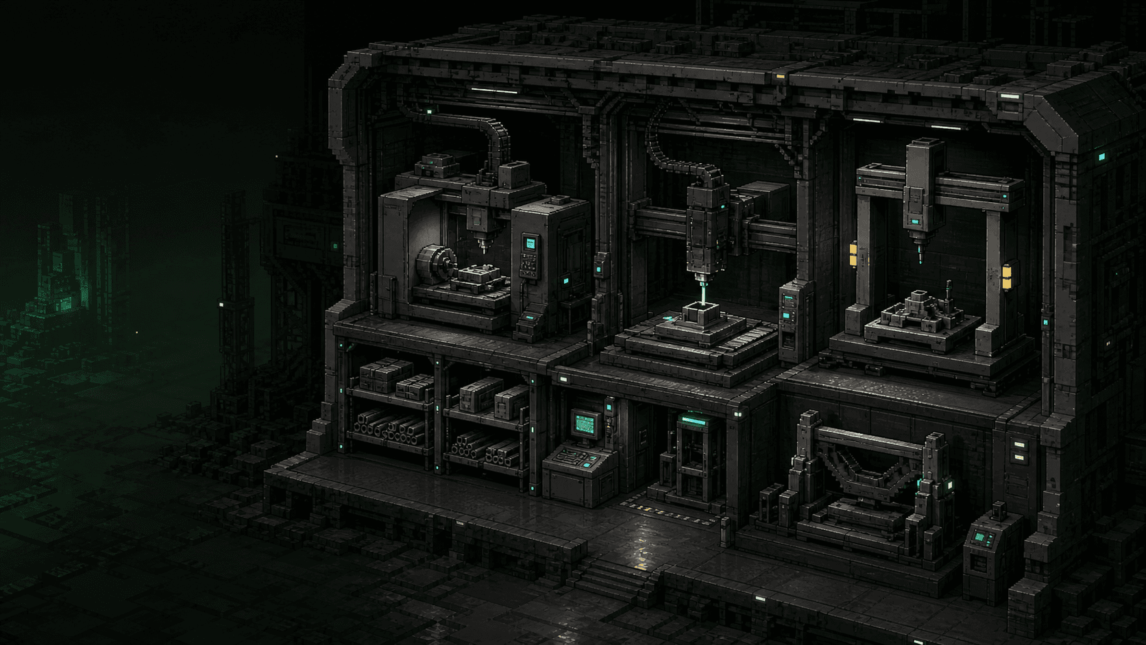 Voxel-pixel concept visualization of an Earth-first manufacturing test cell with machining, deposition, and inspection stations