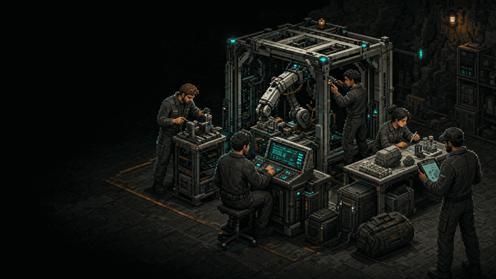 Voxel-pixel scene of a multidisciplinary engineering team working around a modular manufacturing test cell