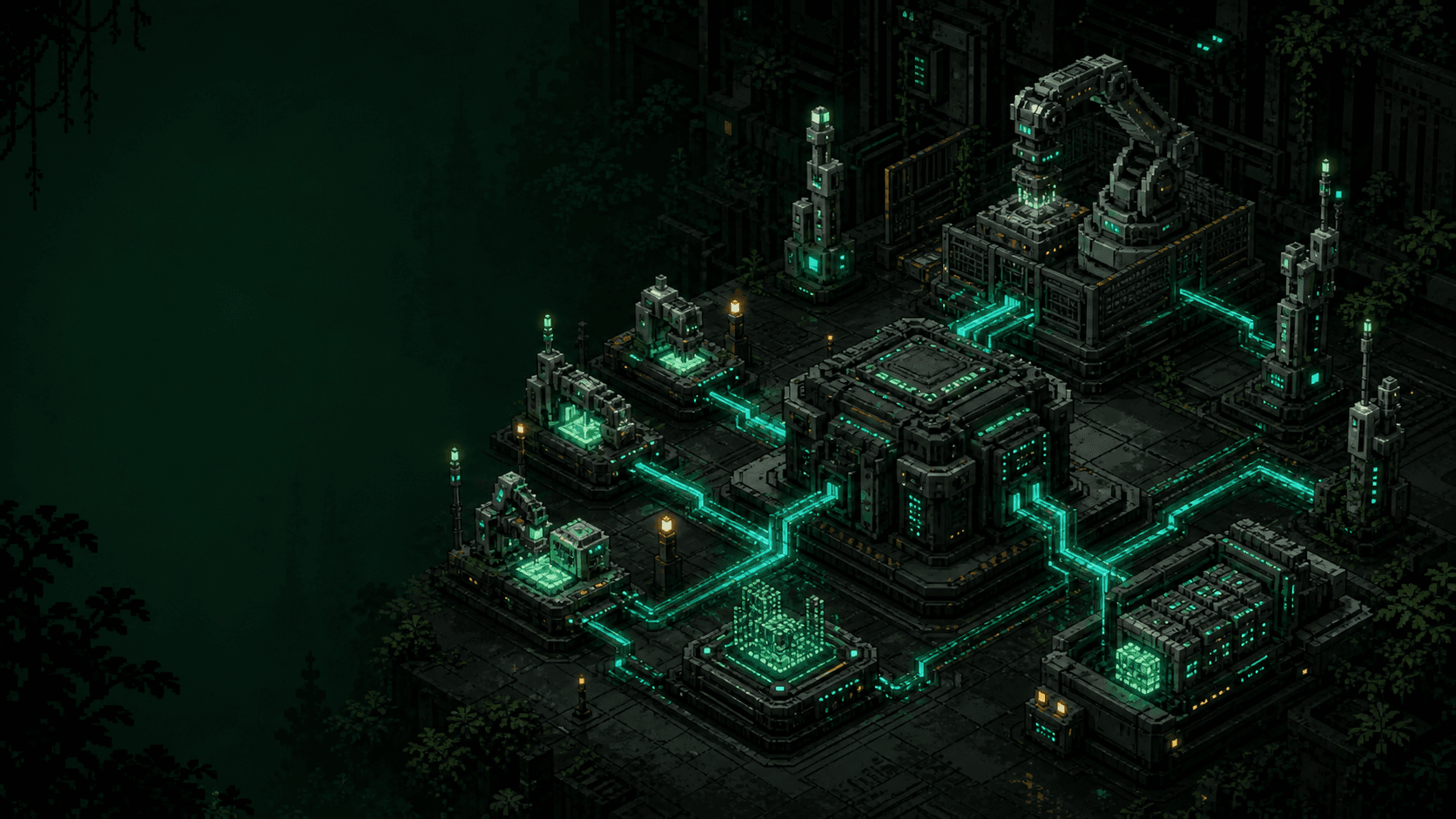 Voxel-pixel concept visualization of an edge-compute core connected to manufacturing cells, sensors, robotics, and evidence modules